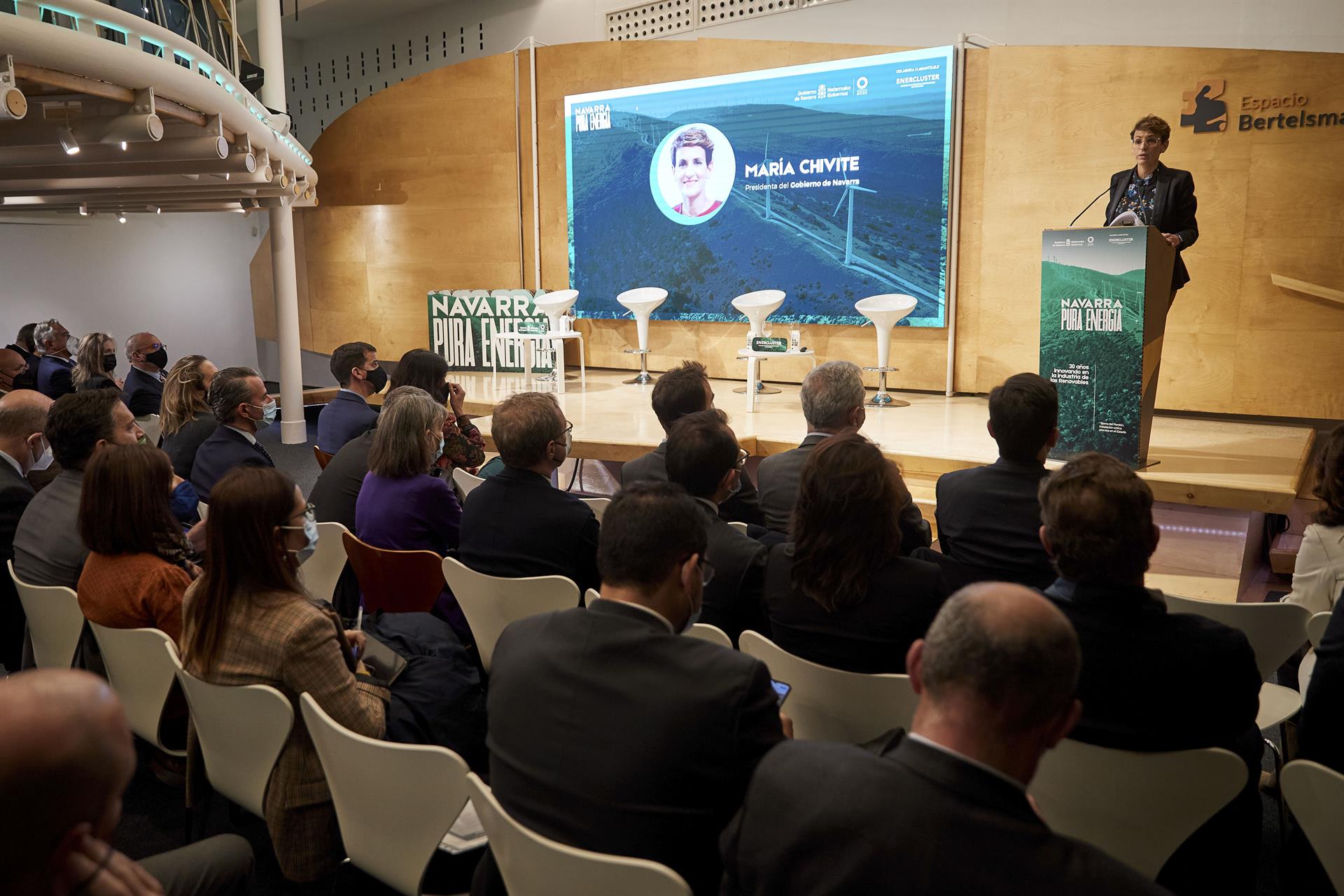 MADRID, 23/02/2022.- La presidenta de Navarra, María Chivite interviene en la presentación de los proyectos de energías renovables de Navarra, este miércoles en Madrid. EFE/ Miguel Oses