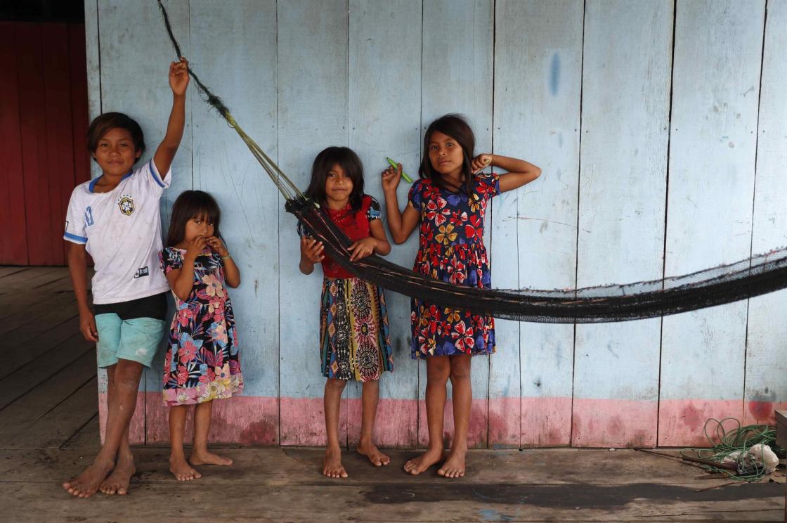 Several children pose in the community of San Fernando, in Datem del Maranon, Peru, 07 September 2021 (Issued 17 September 2021). EPA-EFE/Paolo Aguilar/FILE