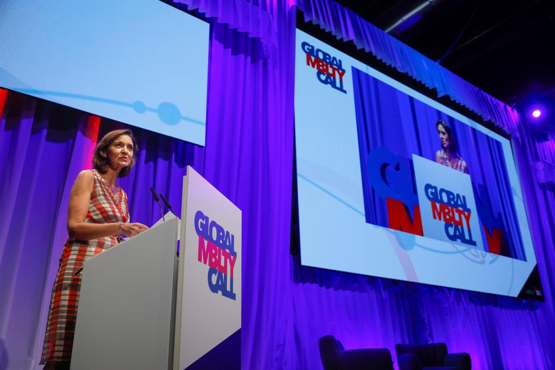 MADRID, 15/06/2022.- La Ministra de Industria Comercio y Turismo, María Reyes Maroto, durante su intervención este miércoles en la segunda jornada del Global Mobility Call en la sede de Ifema, en Madrid. EFE/ David Fernández