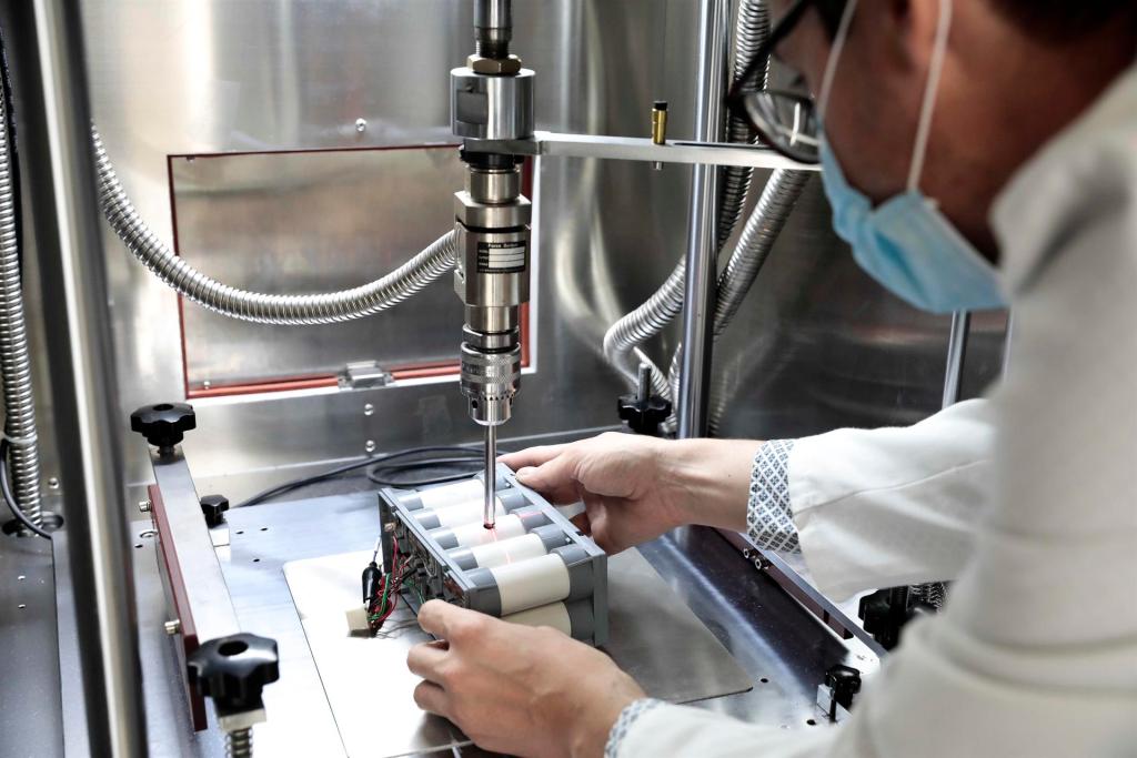 La investigación sobre cómo dar una segunda vida a las baterías usadas de vehículos eléctricos, la drástica reducción del tiempo de carga hasta conseguir una carga completa en 20 minutos y el desarrollo de algoritmos para maximizar la vida útil de las baterías marcan el futuro de un mercado que en 2021 vendió 6 millones de coches en todo el mundo. En la imagen un técnico del Instituto Tecnológico de la Energía (ITE), con una máquina de testar baterías. EFE/Ana Escobar