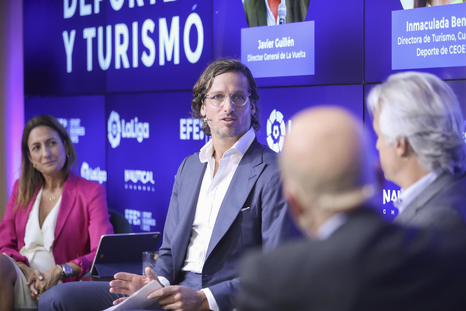 MADRID, 22/09/2022.- El director del Mutua Madrid Open, Feliciano López, interviene en el evento "Deporte y Turismo" celebrada en el marco de la VII edición de EFE Sport Business Days, que aborda la relación existente entre Deporte y Turismo, el papel de ambos como dinamizadores de la economía y la importancia de los grandes acontecimientos deportivos en la industria turística, este jueves en Madrid. EFE/ David Fernández