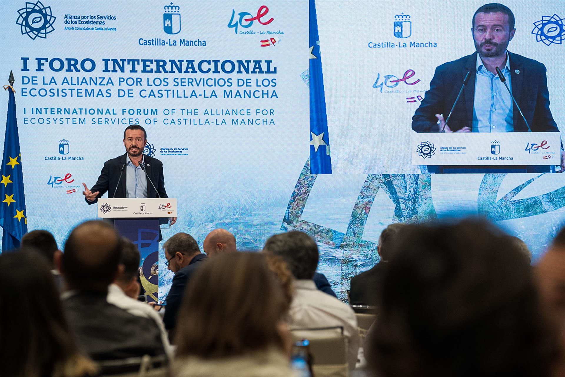 GUADALAJARA, 26/10/2022.- El consejero de Desarrollo Sostenible de la Junta de Comunidades, José Luis Escudero, durante la inauguración del I Foro Internacional de la Alianza por los Ecosistemas de Castilla-La Mancha, organizado por la Consejería de Desarrollo Sostenible, este miércoles en Guadalajara. EFE/Nacho Izquierdo