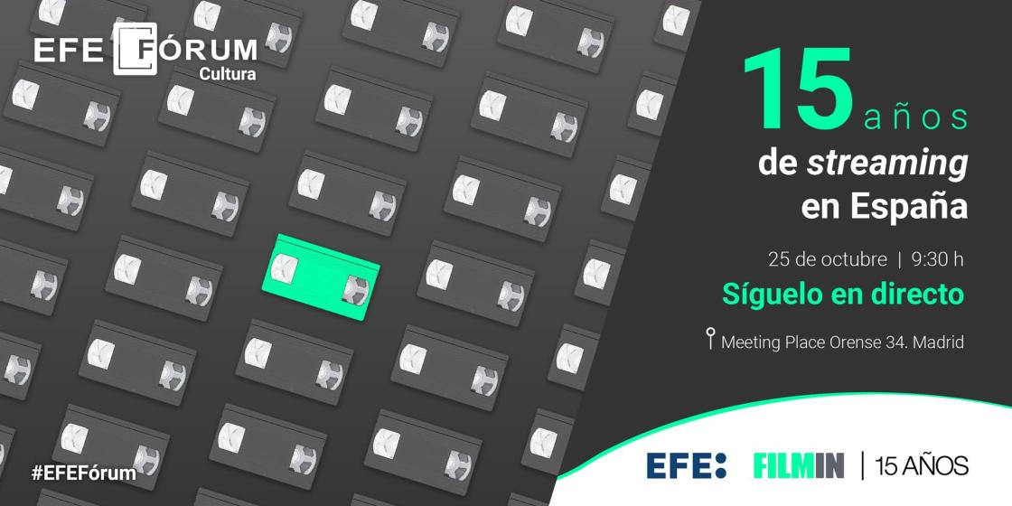 Cartel de la invitación del evento "15 años de streaming en España" organizado por Filmin y la Agencia EFE.