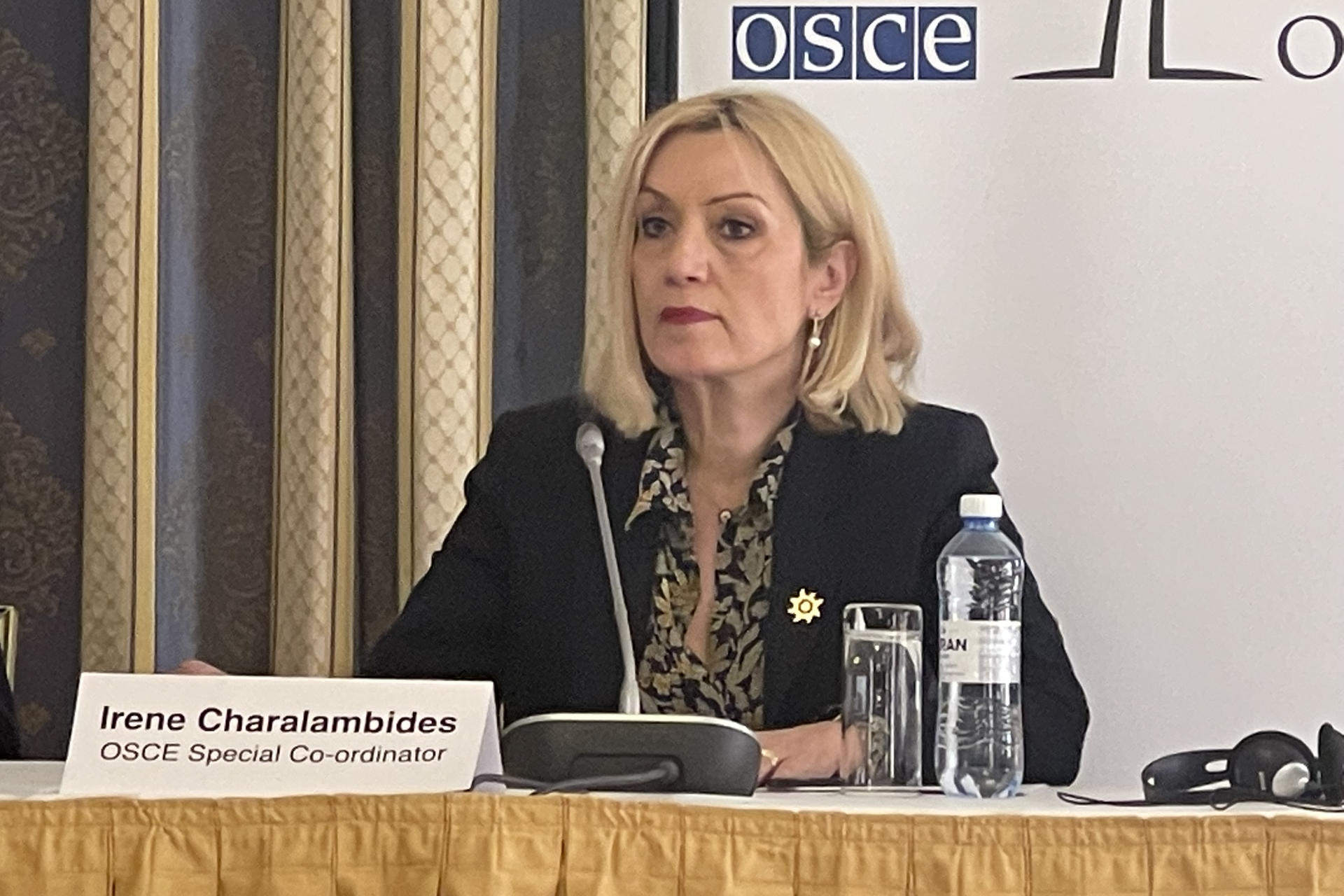 ASTANA (KAZAKHISTAN), 03/20/2023.- Irene Charalambides, OSCE Special Coordinator, during the press conference offered by the OSCE and ODHIR observer mission in Kazakhstan on March 20 in Astana. EFE/ Kulpash Konyrova