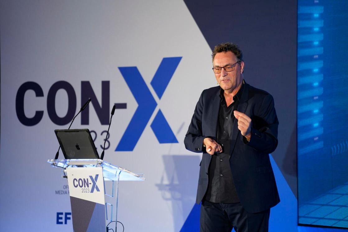 Palma (Spain) 10/05/23.- Futurist and technology expert Gerd Leonhard speaks at the CON-X 2023 conference in Palma, Spain. EFE/ Cati Cladera 