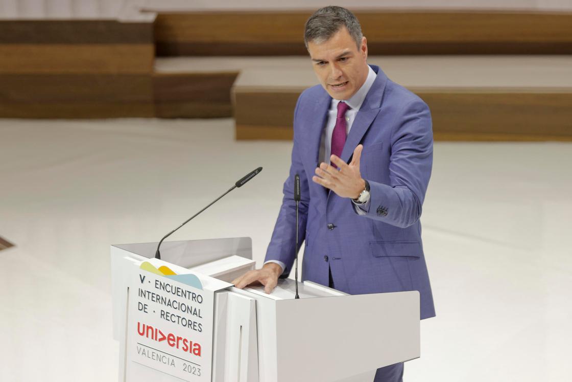 Spanish Prime Minister Pedro Sanchez intervenes during the 5th Universia International Rectors' Summit in Valencia, Spain, 09 May 2023. EFE/ Manuel Bruque