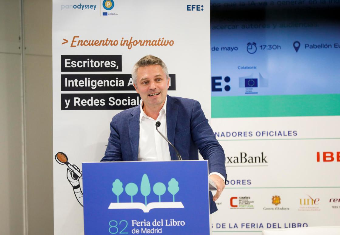 Alexandre Leforestier, CREA founder, participates in the debate "Writers, Artificial Intelligence and Social Media" held at the 2023 Madrid Book Fair, where spoke abou the need to give value to original content. EFE/David Fernández