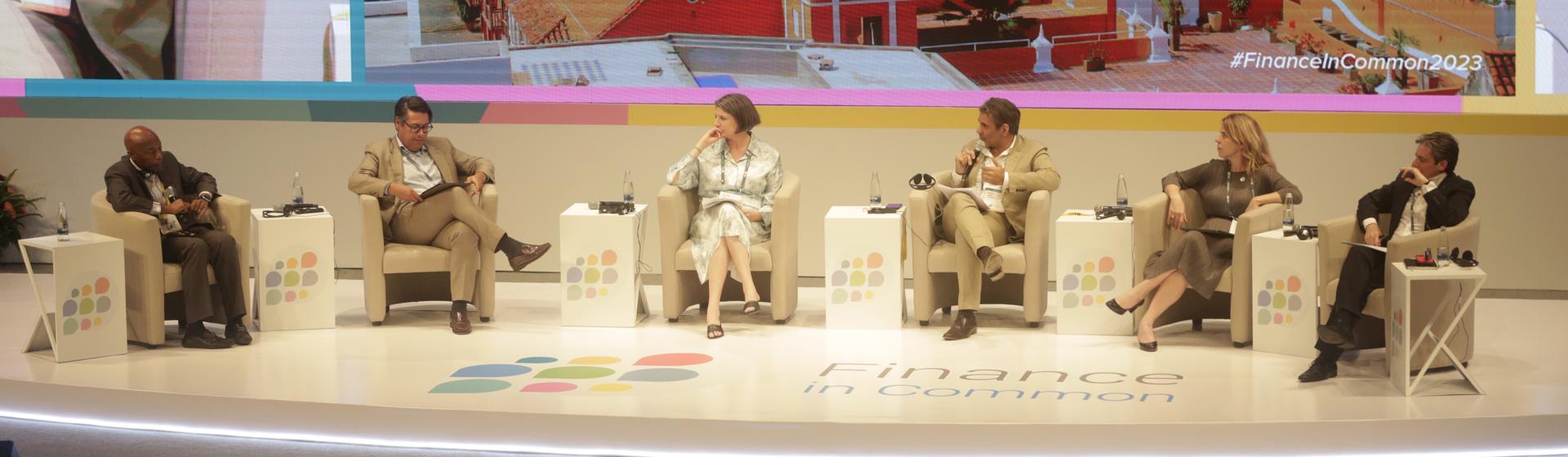 (L to R) Gene Leon, President of the Caribbean Development Bank; Ricardo Mourinho, Vice President of the European Investment Bank (EIB); Ana María Ibáñez, Vice President of Sectors and Knowledge; Taimur Ahmad, journalist from LatinFinance; Natalia Dias, Director of Capital Markets and Sustainable Finance at the Brazilian National Bank for Economic and Social Development (Bndes); and Christian Asnelli, Vice President of Strategic Programming at CAF, participate in the "Latin America and the Caribbean-Vision 2030-2050" panel on the first day of the Common Finance Summit (FiCS), the largest global gathering of development banking, on Monday in Cartagena, Colombia. EFE/Ricardo Maldonado Rozo.