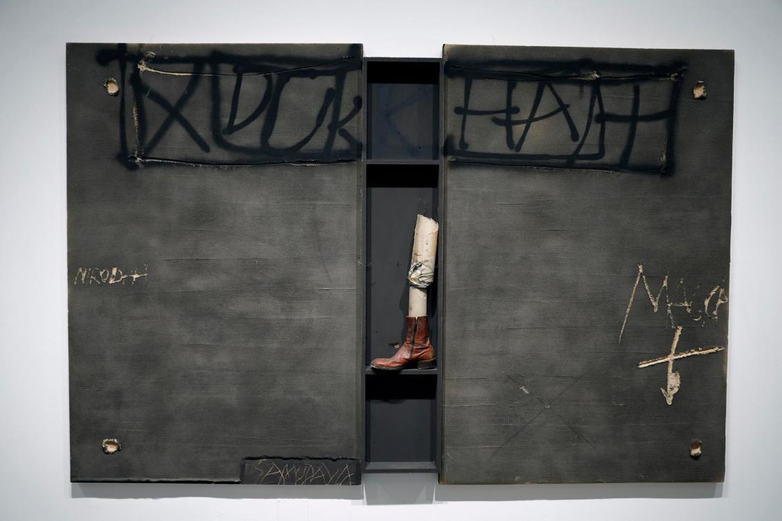 View of the work 'Dukkha' that is part of the exhibition 'Antoni Tapies. The Practice of Art' held at the Reina Sofia Museum in Madrid, Spain on 20 February 2024. The exhibition, which runs from 21 February to 24 June, is set on the ocassion of the centenary of the birth of Antoni Tapies (1923–2012) and reflected the human condition, his historical situation and artistic practice, particularly on the limits and contradictions of painting. EFE/ Chema Moya