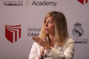 Gema Ortega, Directora de la Fundación Real Madrid, participa en la presentación del convenio entre la Universidad César Vallejo y la Fundación Real Madrid, hoy en Lima (Perú). EFE/ Paolo Aguilar