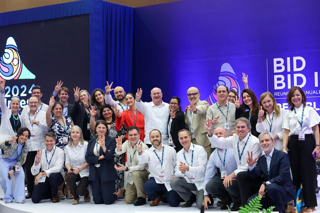 Attendants pose during the closing of the Inter-American Development Bank Governors Annual Meeting in Punta Cana, Dominican Republic, on 10 March 2024. The meeting aims to boost the relationship between different social areas for economic development and democracy on the continent. EFE/ Glennis Montás