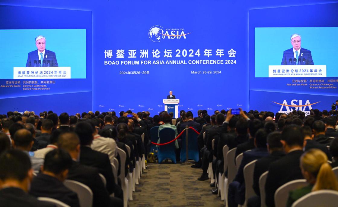 GRAF9697. HAINAN, 03/29/2024.- The President of Kazakhstan, Kassym-Jomart Tokayev, called for 'unity and cooperation among Asian nations' in the face of 'global challenges', in a speech given this Thursday during the opening ceremony of the Annual Conference of the Boao Forum for Asia, held on the Chinese island of Hainan (southern China).-EFE/Akorda EDITORIAL USE ONLY/AVAILABLE ONLY TO ILLUSTRATE THE NEWS ACCOMPANYING (MANDATORY CREDIT)