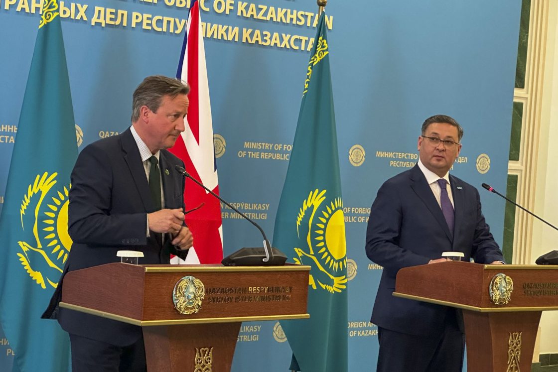 The Minister of Foreign Affairs of Kazakhstan, Murat Nurtleu (r), and his counterpart from the United Kingdom, David Cameron (l), give a press conference after signing a strategic partnership and cooperation agreement April 24 in the Kazakh capital. The document, which was developed over six years, aims to strengthen relations in key areas such as trade and investment, human rights, energy and mining, the environment and climate change, science, and education. EFE/ Kulpash Konyrova.