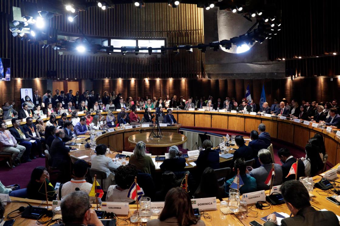 A photograph from the opening ceremony of the third meeting of the Conference of the Parties to the Escazú Agreement on April 22, 2024, in Santiago, Chile. Latin American indigenous peoples demand participation and representation of native communities in international organizations such as the Economic Commission for Latin America and the Caribbean (ECLAC) and the Conference of the Parties (COP) of the Escazú Agreement, which is being held in Santiago. EFE/Elvis González 