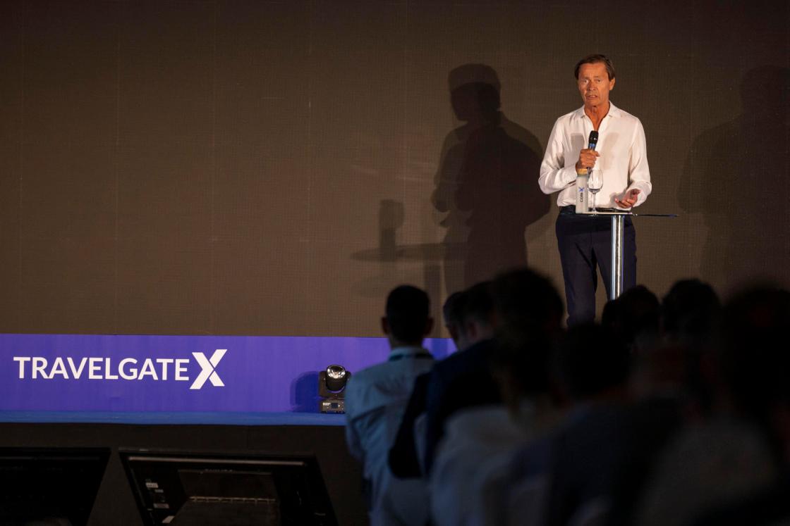 BUNYOLA, SPAIN, 22/05/2024.- Thomas Middelhof takes part in the Con-X conference organized by TravelgateX in Bunyola, Spain, where some 500 executives from tourism companies gather to discuss sector innovations. EFE/CATI CLADERA