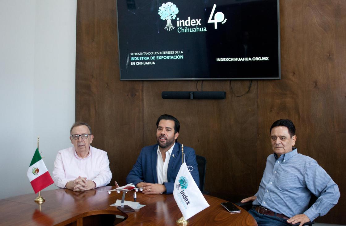 The founding partner of the maquiladora group, Conrado Rolón Hinojosa (left), the president of Index Chihuahua, René Espinoza Terrazas (center), and the former director of the Maquiladora Association, José Luis Rodulfo Mercado (right), participate in an interview with EFE on June 4, 2024, in the state of Chihuahua (Mexico). EFE/Martín Coronado