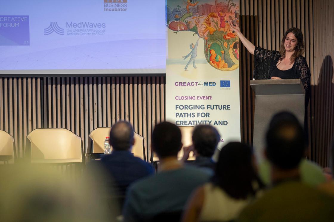 EMEA Senior Project Manager and CREACT4MED Coordinator, María Ruiz de Cossio, at the closing event of the CREACT4MED program, co-financed by the European Union. The event explained the results of the project, which has helped train more than 400 people to develop businesses in the cultural and creative industries of Mediterranean and North African countries. EFE/Marta Pérez 