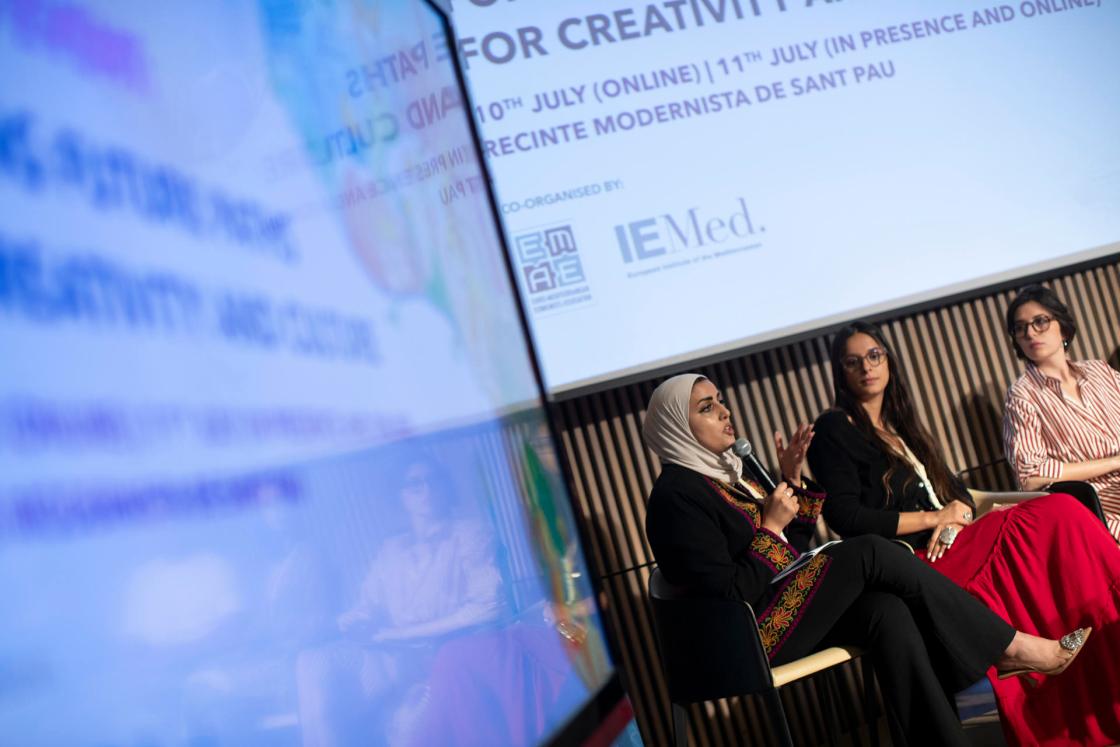 From left to right, ASALA project manager Ayah Awwad; MINASSA project manager Leila Hizaoui; and KLINK CEO Sherazades Amous at the closing event of the CREACT4MED program, co-financed by the European Union. The event explained the results of the project, which has helped train more than 400 people to develop businesses in the cultural and creative industries of Mediterranean and North African countries. EFE/Marta Pérez