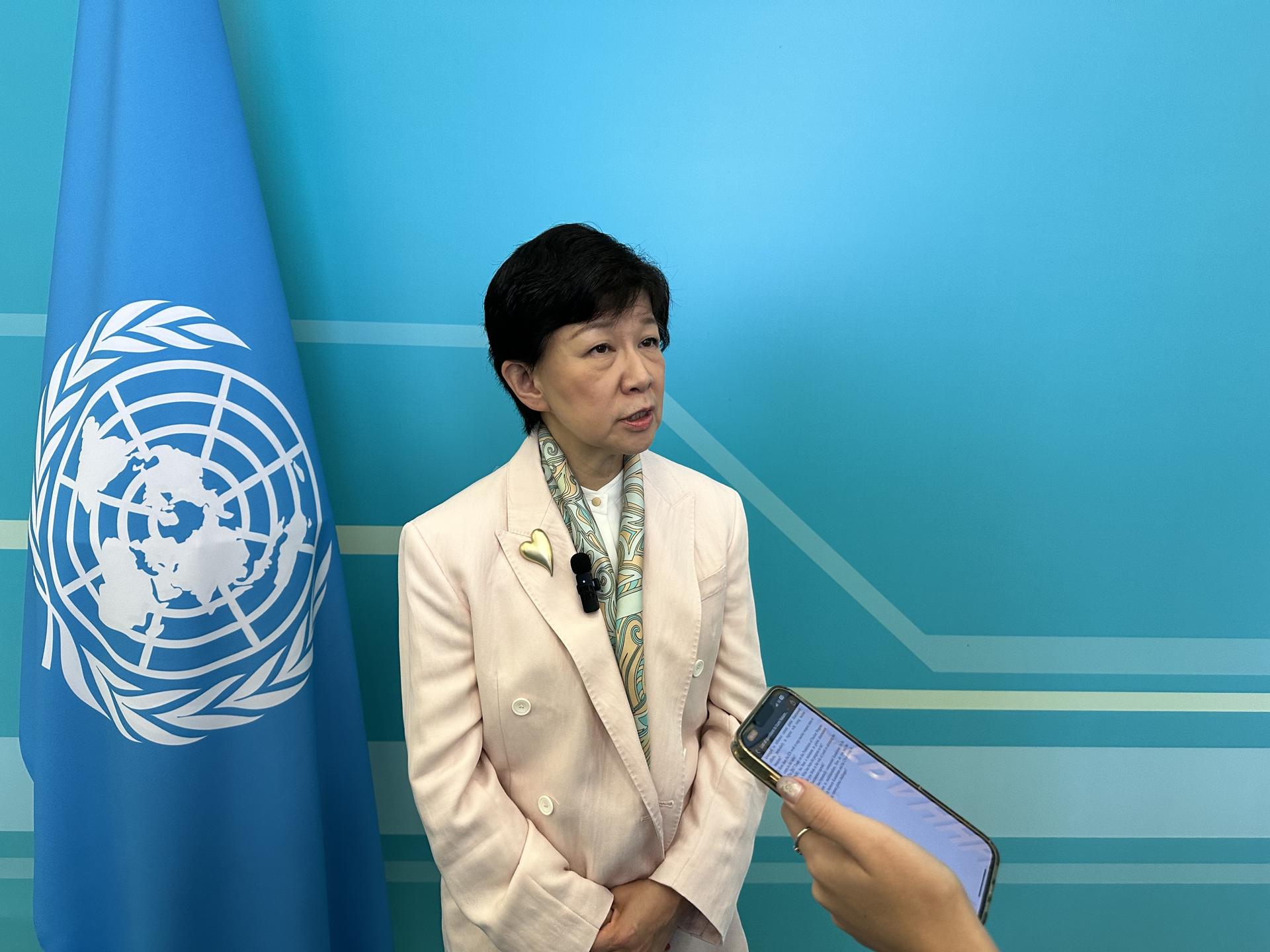 ASTANA (KAZAKHSTAN), 28/08/24.- The UN Under-Secretary-General for Disarmament Affairs, Izumi Nakamitsu, during an international conference on nuclear-weapon-free zones in Kazakhstan’s capital, Astana on 27/08/24. EFE/Kulpash Konyrova