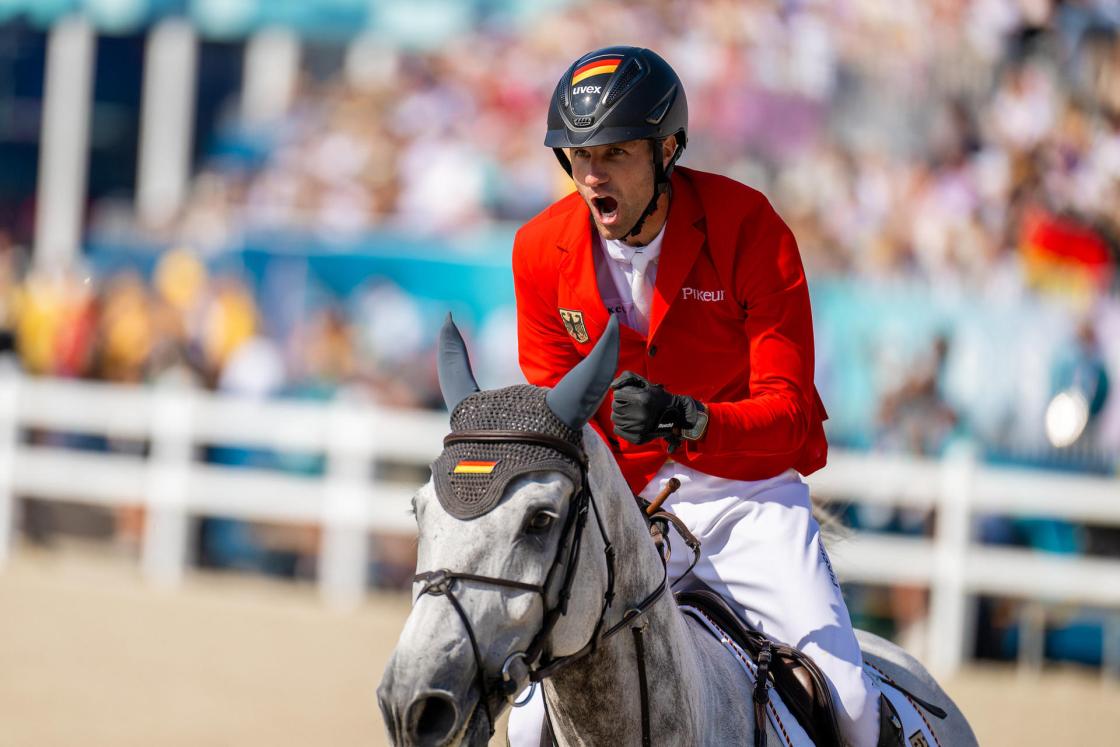 Christian Kukuk (GER) riding Checker 47 during the Individual Show Jumping Final at the Chateau de Versailles for the Paris 2024 Olympic Games.Photo Credit: FEI/Benjamin Clark SOLO USO EDITORIAL