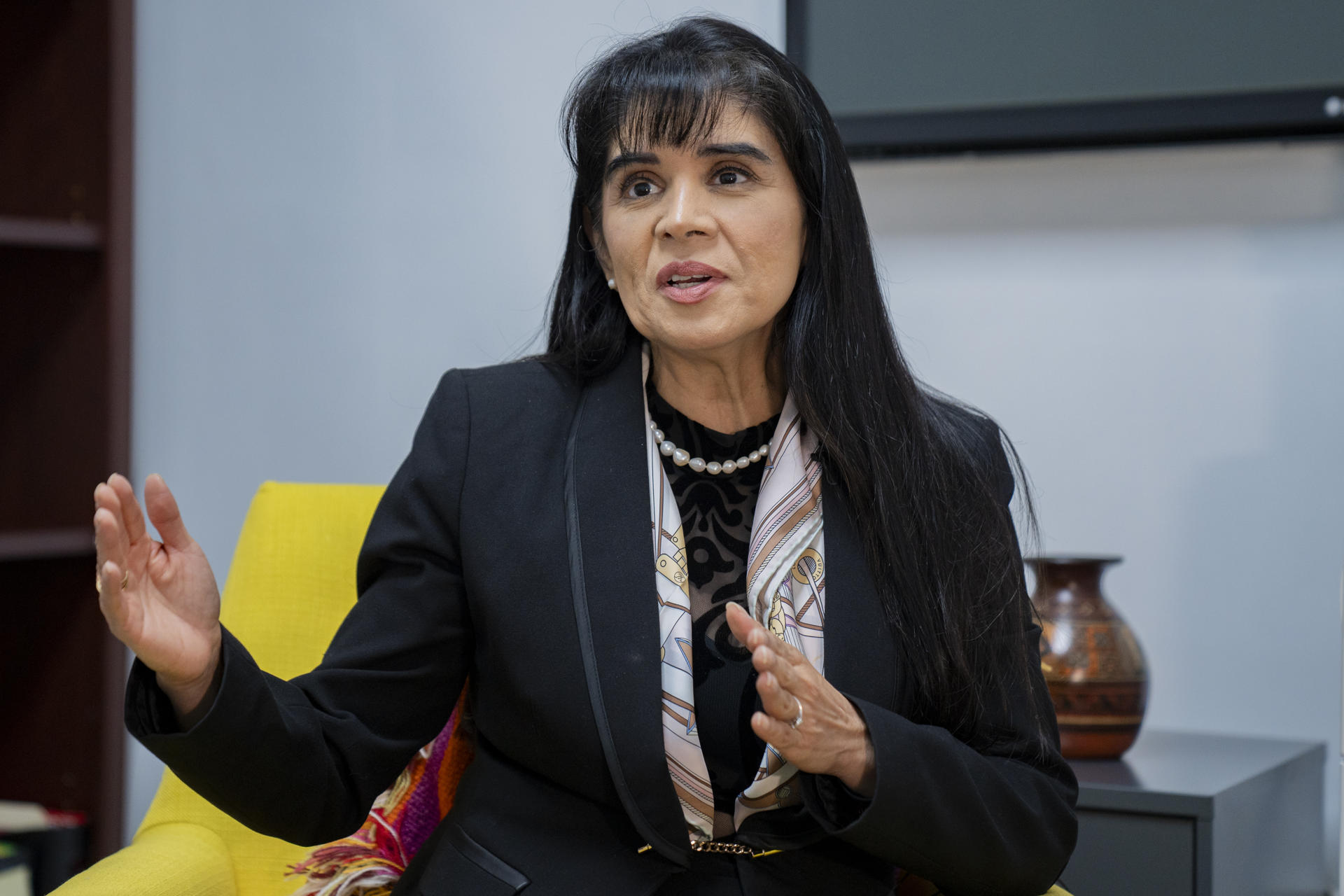 Peruvian Minister of Foreign Trade and Tourism (Mincetur), Ursula Leon, speaks during an interview with EFE on Thursday in New York (United States). EFE/ Ángel Colmenares