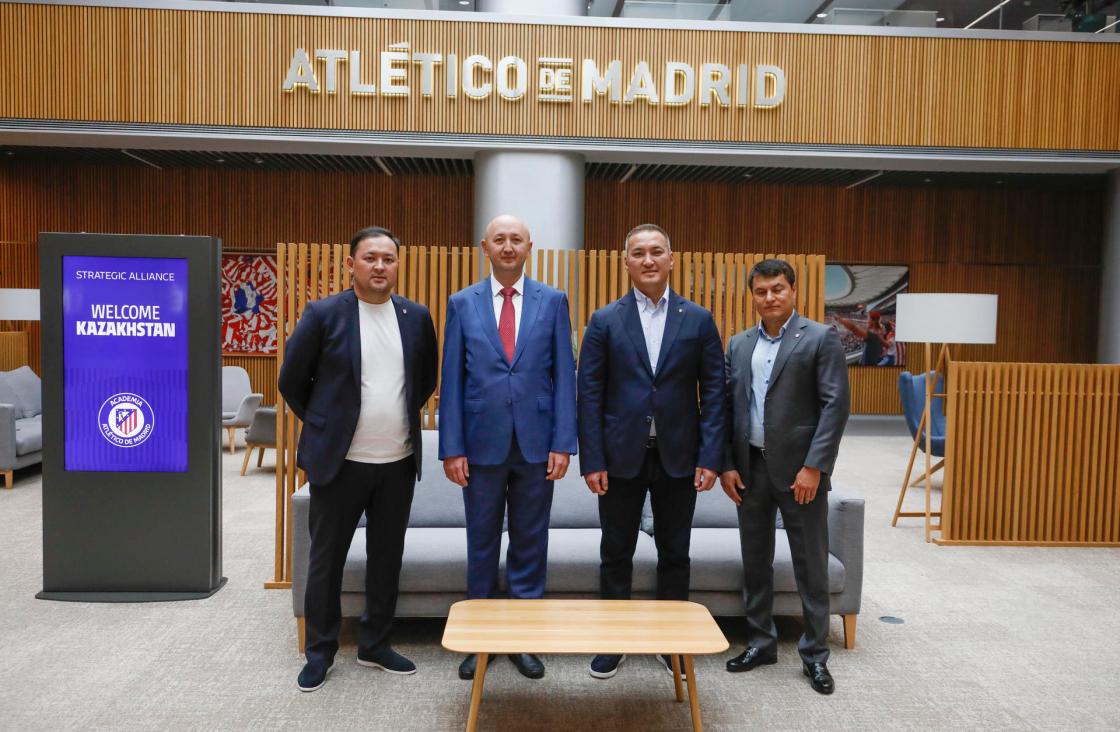 Kazakhstan Ambassador to Spain Danar Mussayev (2l) during the signing of an agreement on strategic support and advanced methods of soccer training between Doscar Group, Sport Asset Management, the Kazakh Embassy and the Atlético de Madrid Football Club at the Civitas Metropolitano Stadium in Madrid. EFE/David Fernandez