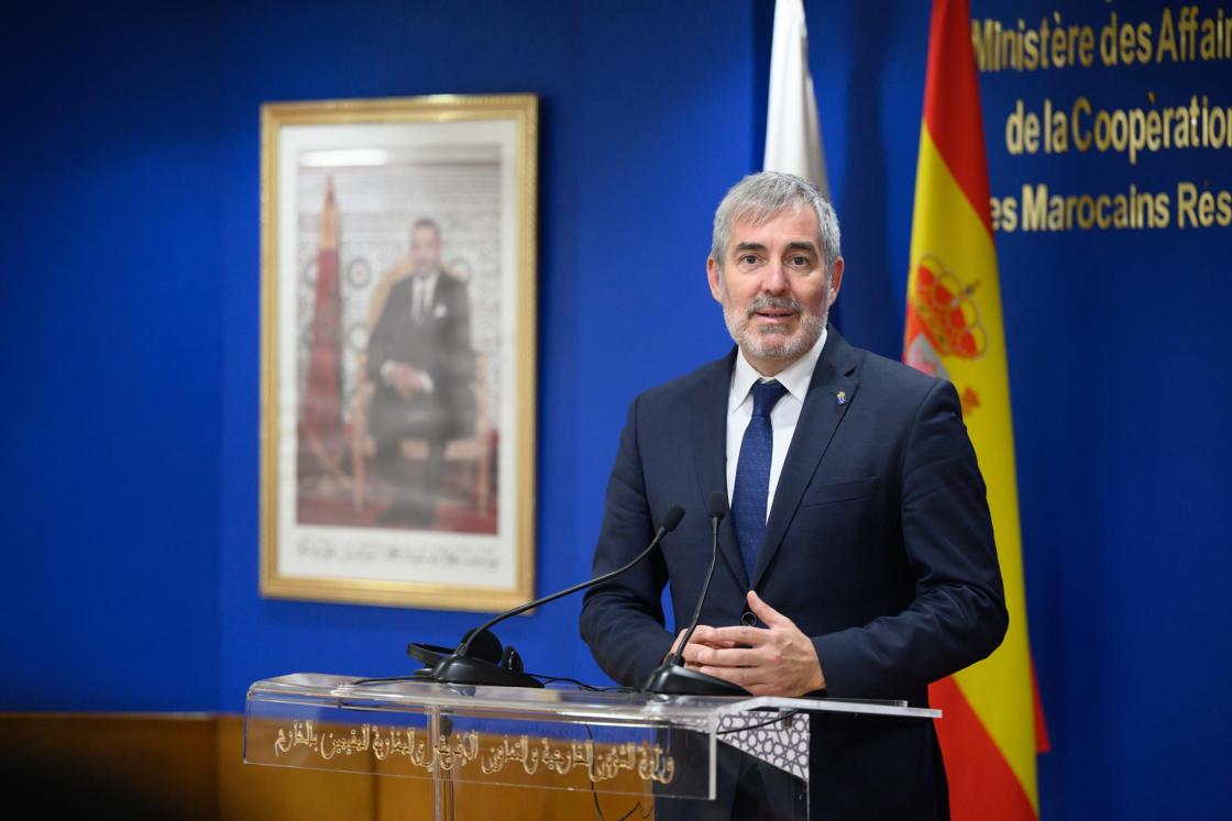 Rabat (Morocco), 08/10/2024.- El presidente de Canarias, Fernando Clavijo, durante la rueda de prensa junto al ministro de Exteriores marroquí, Naser Burita, este jueves en Rabat. EFE/EPA/JALAL MORCHIDI 
