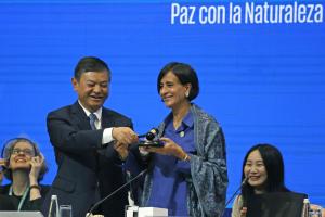 El Ministro de Ecología y medio ambiente de China, Huang Runqiu (i) entrega el mazo de la presidencia de la Cumbre de Naciones Unidas de Biodiversidad, COP16, a la ministra de Ambiente y Desarrollo Sostenible de Colombia, Susana Muhamad, durante el inicio de la primera plenaria, este lunes, en Cali (Colombia). EFE/ Mauricio Dueñas Castañeda