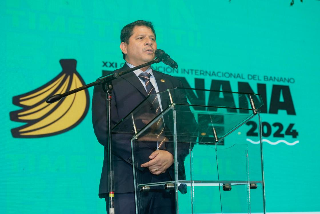 Photo provided by the Ecuadorian Association of Banana Exporters (AEBE) showing Ecuador’s Minister of Agriculture and Livestock, Danilo Palacios, during the inauguration of the "Banana Time" convention in Guayaquil (Ecuador). EFE/AEBE 