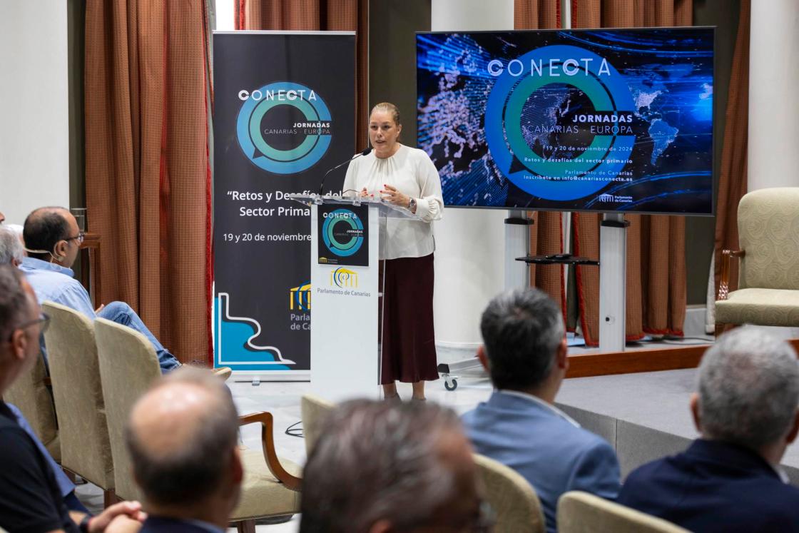GRAFCAN7586. SANTA CRUZ DE TENERIFE (ESPAÑA), 19/11/2024.-La presidenta del Parlamento de Canarias, Astrid Pérez, durante el ato de inauguración de las jornadas Conecta Canarias Europa dedicadas en esta edición al sector primario de las islas. EFE/Miguel Barreto