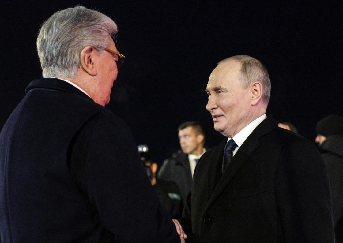 Kazakh President Kassym-Jomart Tokayev (L) welcomes Russian President Vladimir Putin (R) upon his arrival at Astana International Airport, Kazakhstan, on November 27, 2024. The Russian president is on an official visit to Kazakhstan. (Kazakhstan, Russia) EFE/EPA/Gavriil Grigorov / Sputnik / Kremlin Pool