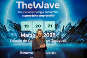 MADRID (ESPAÑA), 18/02/2025.- La vicepresidenta y Consejera de Presidencia, Economía y Justicia del Gobierno de Aragón, Mar Vaquero durante la presentación este martes del encuentro "The Wave 2025: Innova, conecta y transforma", en Madrid. El congreso tecnológico The Wave que se celebra del 19 al 21 de marzo en Zaragoza. EFE/David Fernández