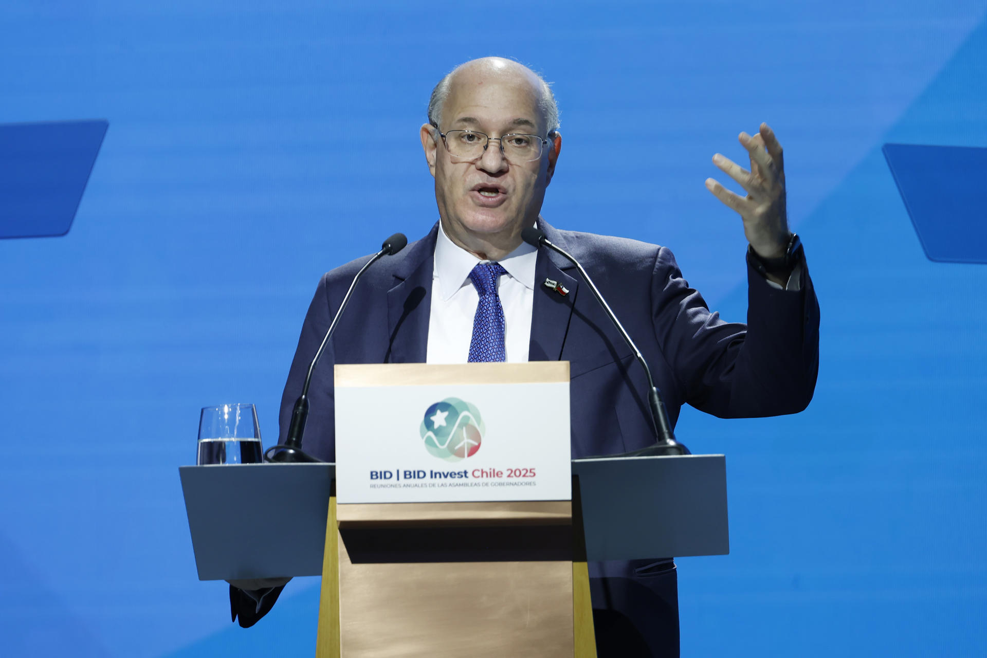 Inter-American Development Bank President Ilan Goldfajn speaks during the third day of the 2025 Annual Meetings of the IDB and IDB Invest Boards of Governors in Santiago, Chile. EFE/Elvis González