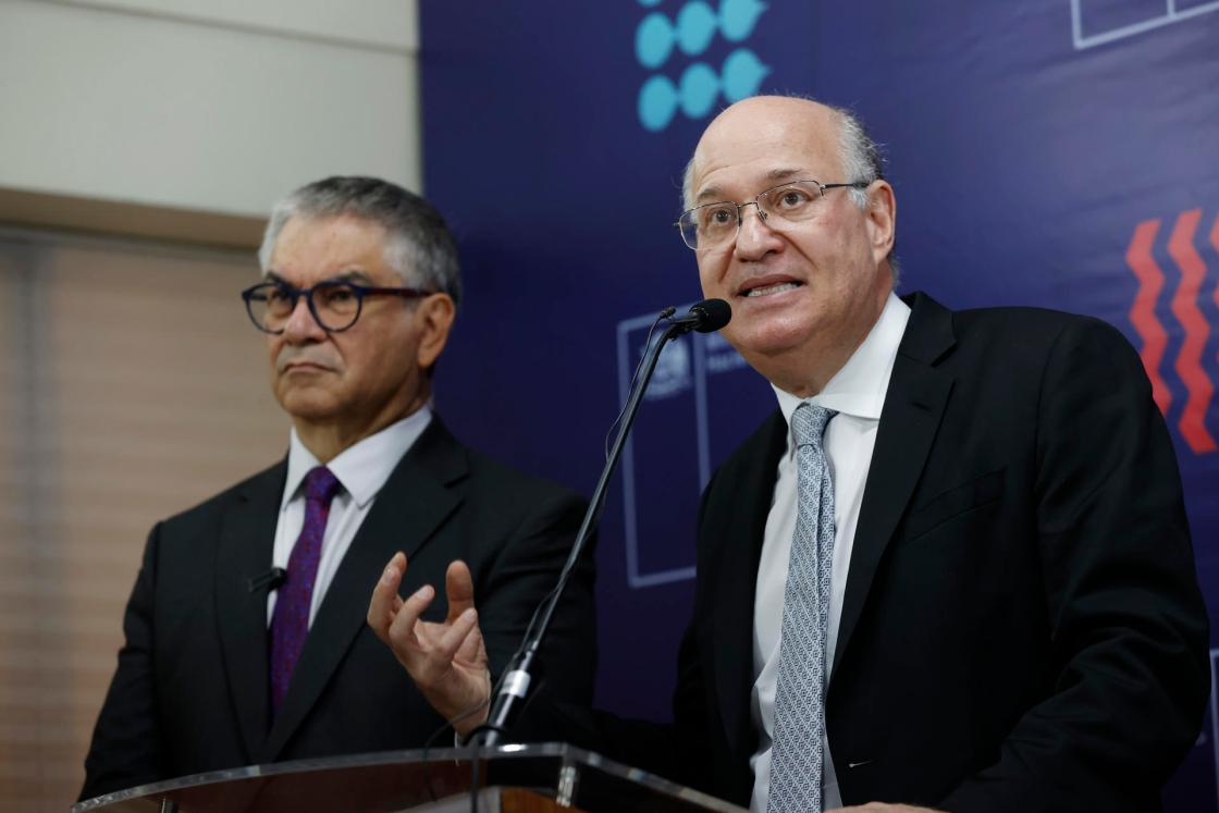 Inter-American Development Bank (IDB) President Ilan Goldfajn (R) speaks next to Chilean Finance Minister Mario Marcel (L) during a press conference in Santiago, Chile. EFE/Elvis González 