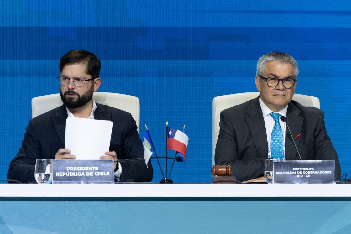Chilean President Gabriel Boric (L) and the new president of the IDB Board of Governors, Chilean Finance Minister Mario Marcel, take part in the Board of Governors meeting at the Estación Mapocho Cultural Center in Santiago, Chile. EFE/Ailen Diaz 