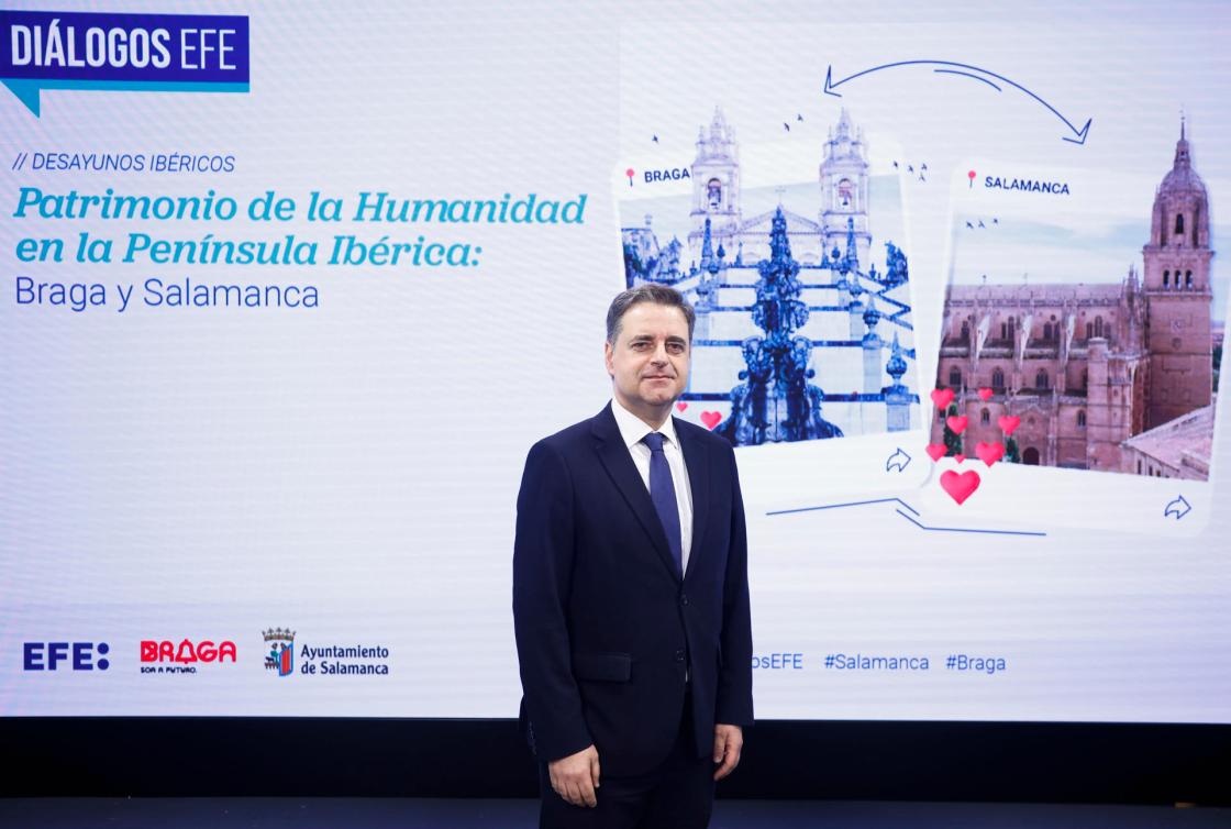 MADRID, 18 Marzo 2025 (EFE)- Ricardo Rio, Presidente de la Cámara Municipal de Braga, participa hoy, 18 de marzo de 2025, en el debate de Diálogos EFE "Patrimonio de la. Humanidad en la Península Ibérica: Braga y Salamanca" en la sede de la Agencia Efe, en Madrid. EFE/David Fernández