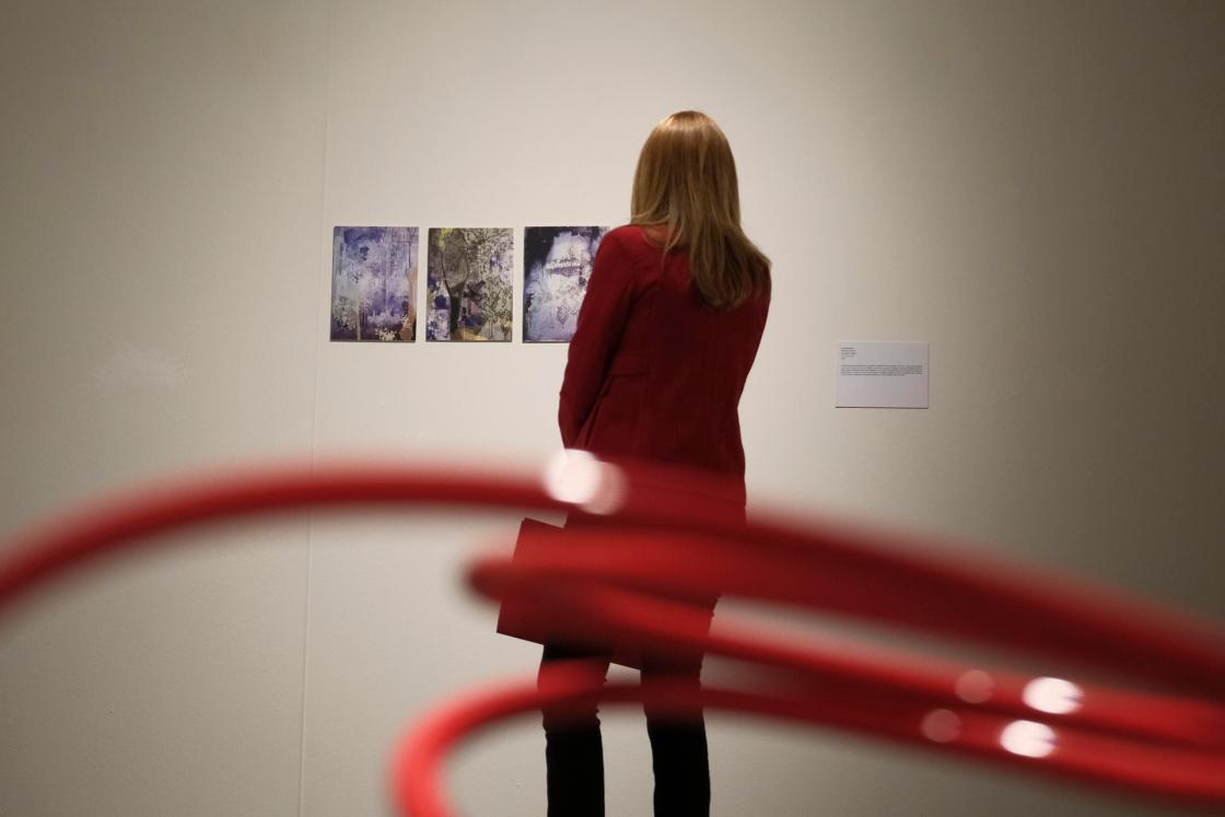 GRAFCAN8139. LAS PALMAS DE GRAN CANARIA (ESPAÑA), 24/04/2025.- La Fundación Mapfre Canarias ha abierto sus fondos de arte para releer sus obras, llevándolas a una reflexión colectiva desde su contexto creativo a la actualidad del territorio, junto a 38 artistas en la exposición 'Recuerdos de un paisaje deconstruido'. En la imagen, la comisaria de la muestra, Elena Marrero, observa una de las piezas. EFE/Ángel Medina G.