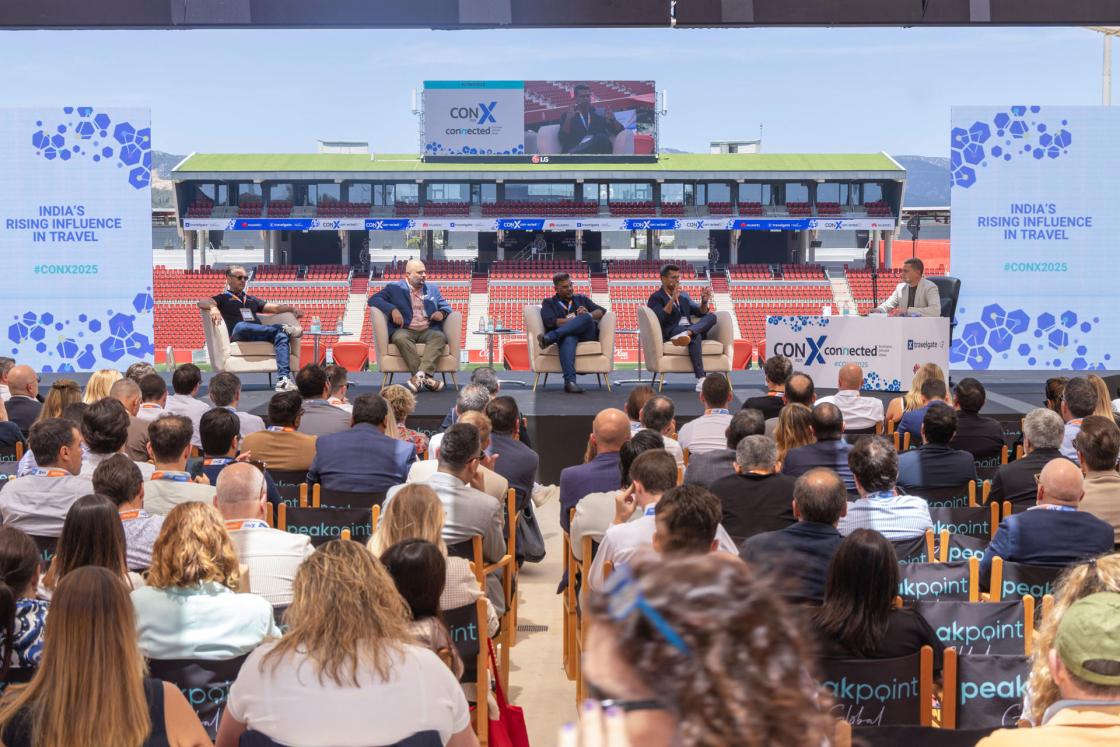 Albert Fernando (2nd from right), founder and CEO of Travelwing.com; Jacal Shah (2nd from left), founder of Relive.com and Group Managing Director of Travel Designer Group; Rajnish Kumar (right), Director & Group Co-CEO of Ixigo; and Bhanu Chopra (left), Founder and Chairman of RateGain Travel Technologies Limited. EFE/ Cati Cladera