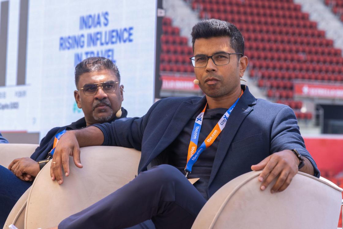 Rajnish Kumar (right), Director & Group Co-CEO of Ixigo, takes part in the panel India’s growing influence in tourism during the fifth edition of the ConX forum, organized by Travelgate on Wednesday at Son Moix Stadium in Palma. EFE/ Cati Cladera