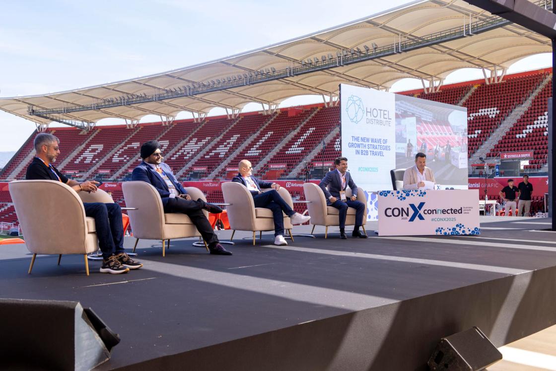 PALMA, 21/05/2025.- Dor Krubiner, CEO and Co-Founder of Mize (l), Tejveer Singh Bedi, vice president of Traveloka (2l); Faisal Memon, founder and CEO of iOL (3l); Felix Shpilman, CEO and President of Emerging Travel Group (4l), participate in the roundtable discussion under the theme The New Wave of Growth Strategies in B2B Travel, held in the fifth edition of the ConX forum, organized by Travelgate at the Son Moix Stadium in Palma. EFE/ Cati Cladera.