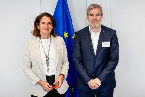 BRUSSELAS (BÉLGICA), 14/05/2025.- La vicepresidenta de la Comisión Europea para la Transición Limpia, Justa y Competitiva, Teresa Ribera (i), se reúne con el presidente de las Islas Canarias, Fernando Clavijo, este miércoles, en Bruselas. EFE/ Elio Germani