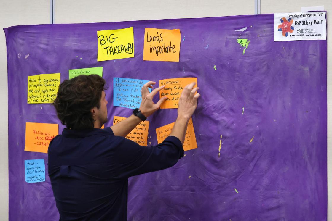 Fotografía del 18 de mayo de 2025 de una persona participando en una actividad en la conferencia sobre buenas prácticas para humedales costeros con carbono azul, en Ciudad de Panamá (Panamá). EFE/ Gabriel Rodríguez