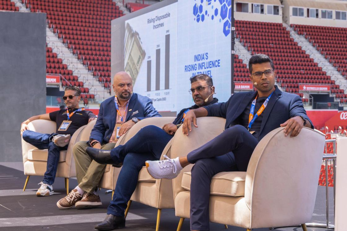 Albert Fernando (2nd from right), founder and CEO of Travelwing.com; Jacal Shah (2nd from left), founder of Relive.com and Group Managing Director of Travel Designer Group; Rajnish Kumar (right), Director & Group Co-CEO of Ixigo; and Bhanu Chopra (left), Founder and Chairman of RateGain Travel Technologies Limited. EFE/ Cati Cladera
