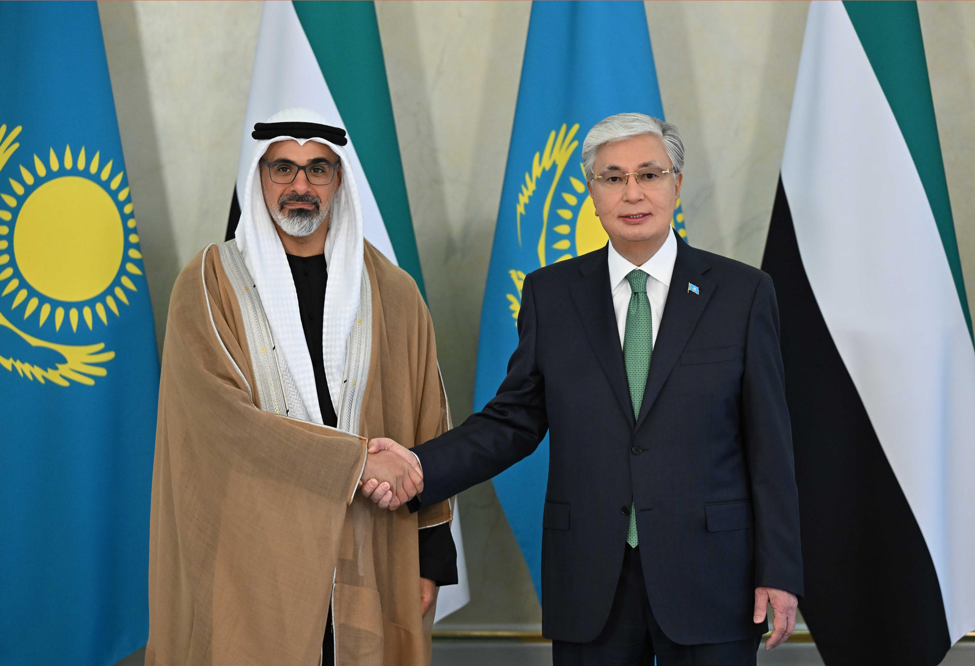 ASTANA (KAZAKHSTAN), 12/05/2025.- Kazakh President Kassim-Jomart Tokayev (r) meets with Abu Dhabi Crown Prince Khaled bin Mohamed bin Zayed Al Nahyan on Monday as part of the Arab prince's official visit to the Central Asian country. EFE/ Kazakh President’s Office EDITORIAL USE ONLY/ONLY AVAILABLE TO ILLUSTRATE THE ACCOMPANYING NEWS (MANDATORY CREDIT)