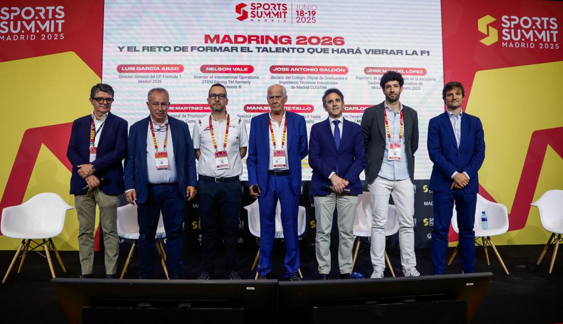 MADRID, 18/06/2025.- Vista de la mesa "Welcome back to F1, Madrid" durante la jornada inaugural del "Sports Summit Madrid 2025" que se celebra en las instalaciones de IFEMA, en Madrid. EFE/David Fernández