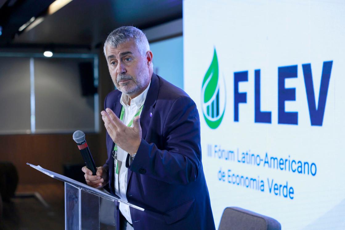 EFE president Miguel Ángel Oliver speaks during the opening of the 3rd Latin American Green Economy Forum (FLEV) on Sept. 4, 2025, in São Paulo, Brazil. EFE/Sebastião Moreira