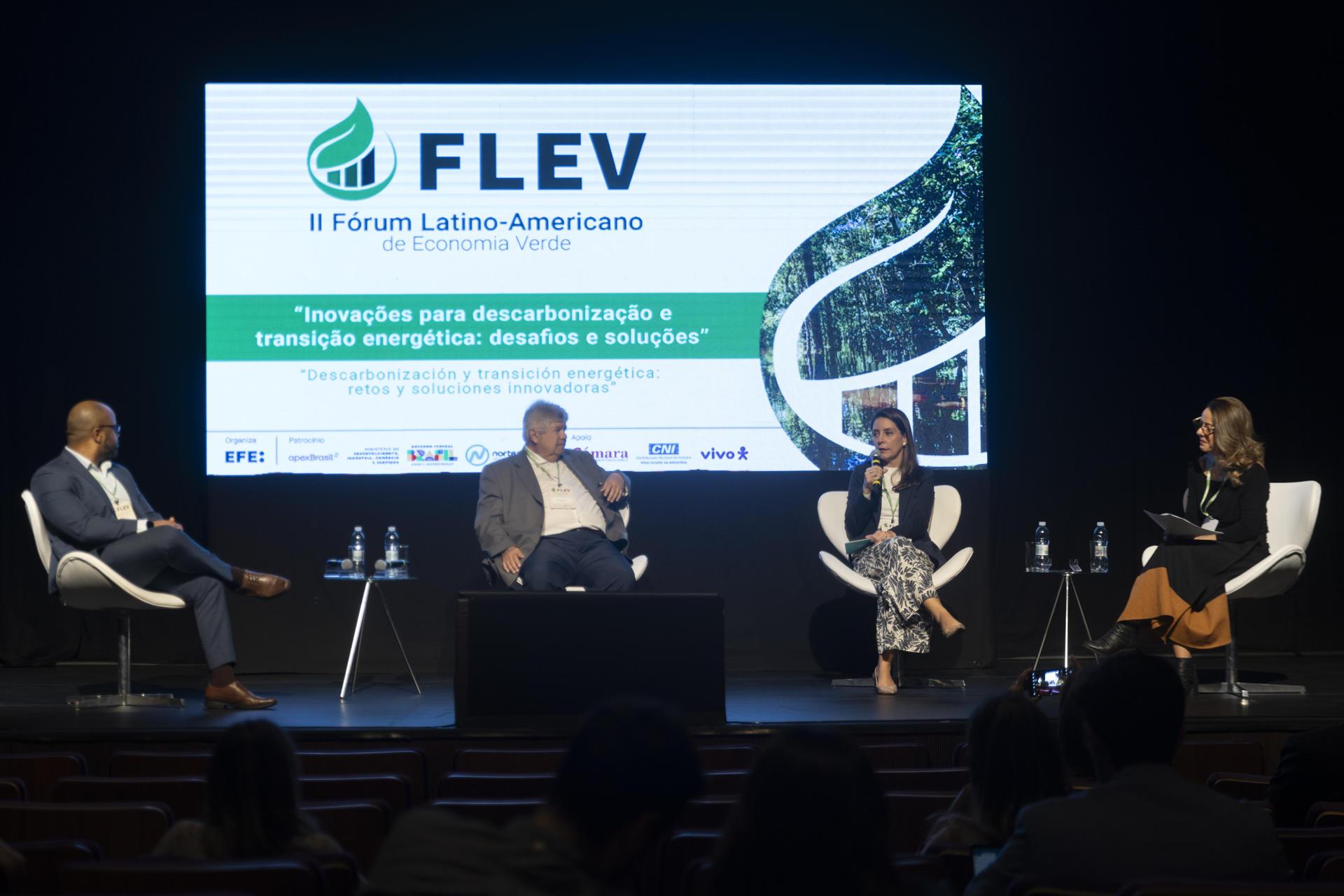 File photo dated Oct. 2, 2024, of Silvia Cabral (2nd R), director of Regularization and Commercialization at Norte Energia, speaking alongside Francisco Silva (L), technical regulatory director at Abeeólica, and Pedro Maranhao (C), president of ABREMA, during the second day of the 2nd Latin American Green Economy Forum in São Paulo, Brazil. EFE/Isaac Fontana