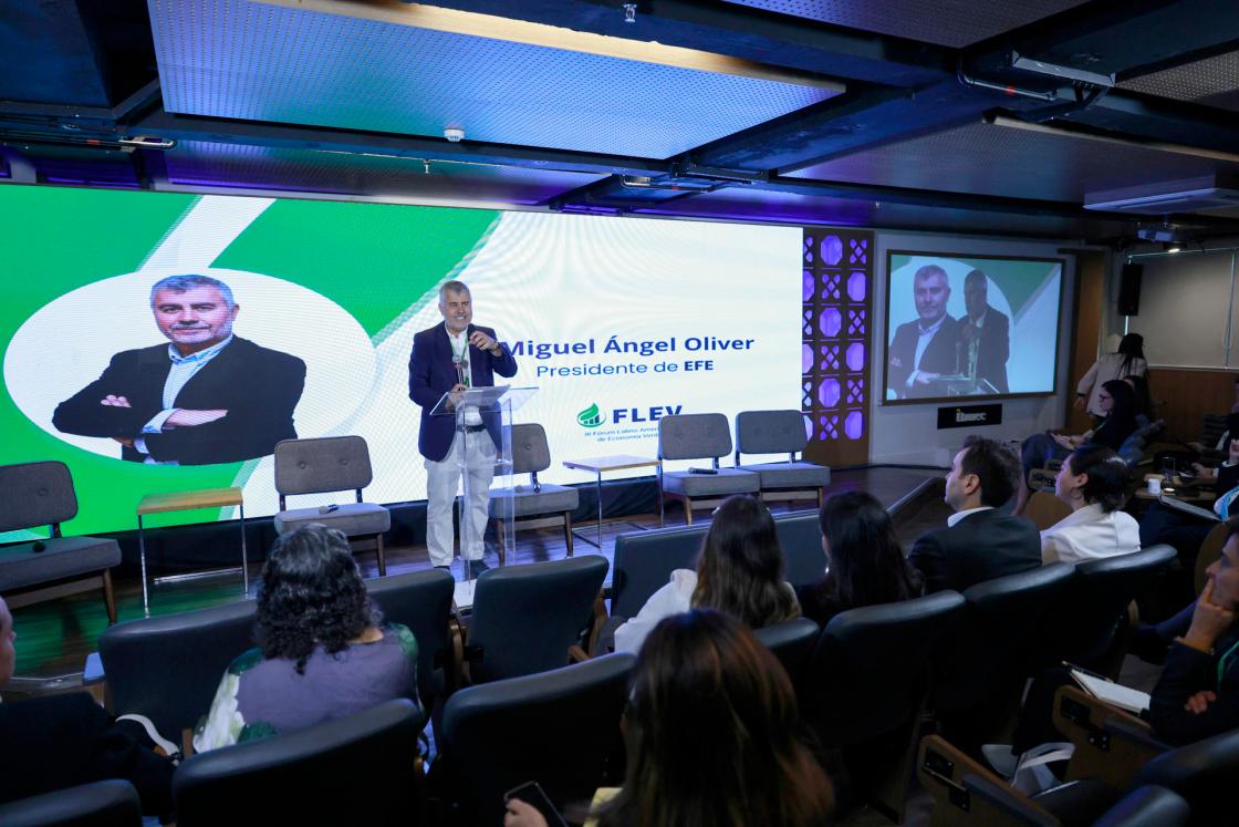 EFE president Miguel Ángel Oliver speaks Thursday, Sept. 4, during the opening of the 3rd Latin American Green Economy Forum (FLEV) in São Paulo, Brazil. EFE/Sebastião Moreira