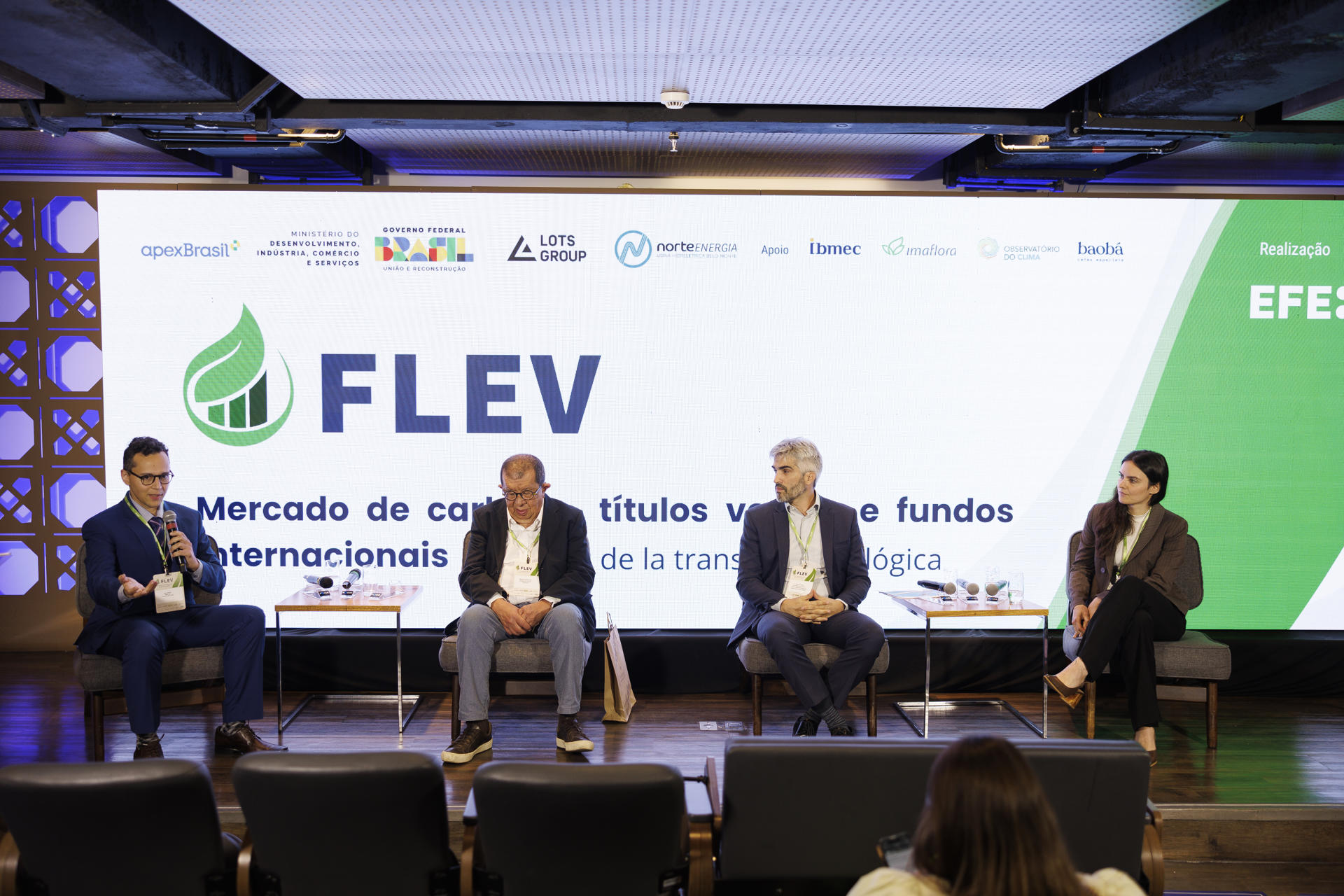 From left to right, Léo Valente, reporter for Times Brasil CNBC; physicist and Climainfo collaborator Shigueo Watanabe; André Godoy, executive secretary of the Brazilian Development Association; and Amanda Frizzo, carbon specialist at the Amazonia +21 Institute, during the 3rd Latin American Green Economy Forum (FLEV) on Thursday in São Paulo, Brazil. EFE/Isaac Fontana