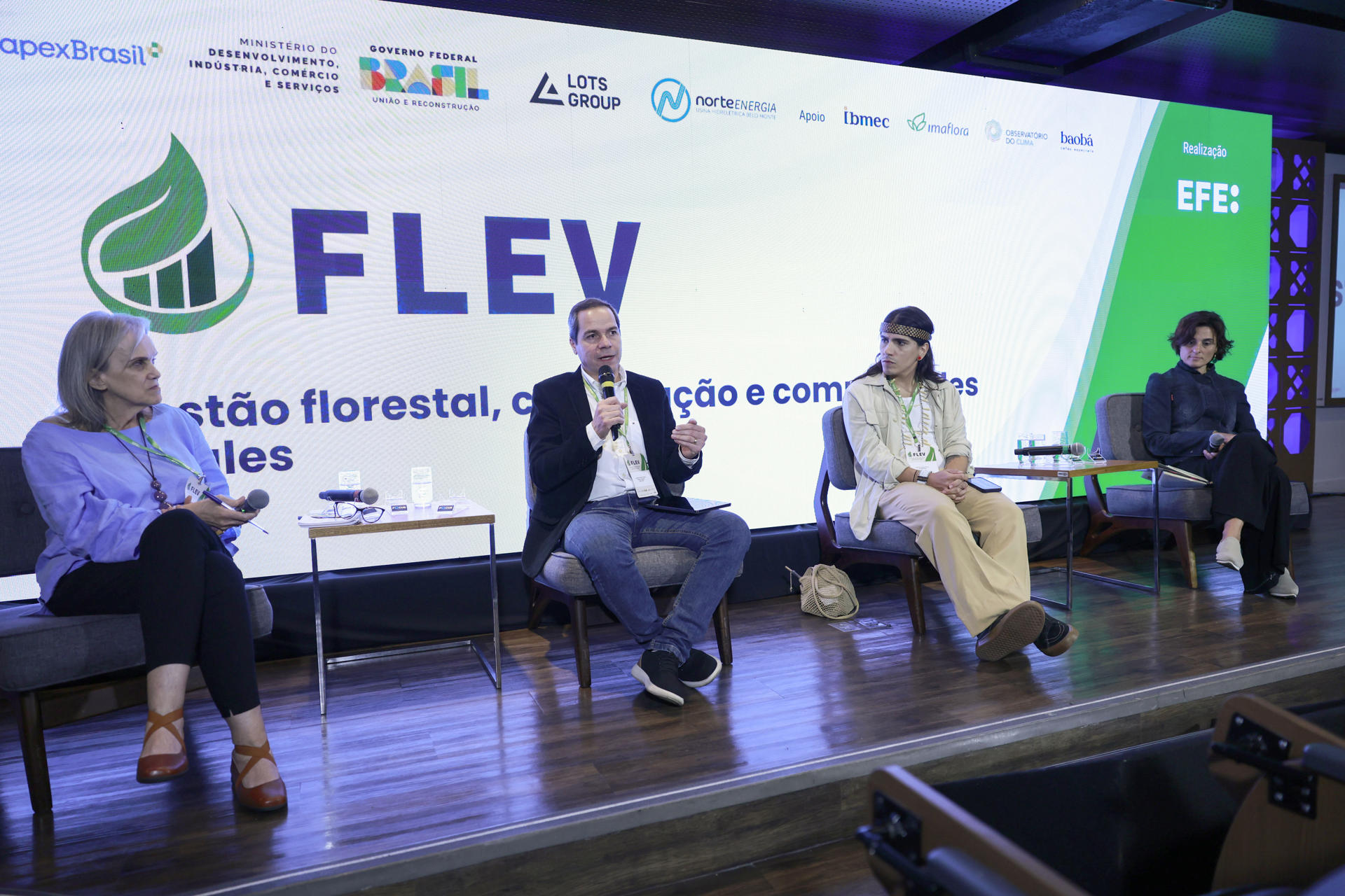 From left to right, Daniela Chiaretti, environment correspondent for Valor Econômico; Leonardo Sobral, forestry director at the NGO Institute for Forest and Agricultural Management and Certification (Imaflora); Guaraní Indigenous leader and communicator for the Museum of Indigenous Cultures of São Paulo, Leandro Karaí Mirim; and Estefania Sánchez Cuartielles, technical coordinator at the ProYungas Foundation, take part in the 3rd Latin American Green Economy Forum (FLEV) on Thursday in São Paulo, Brazil. EFE/Sebastião Moreira